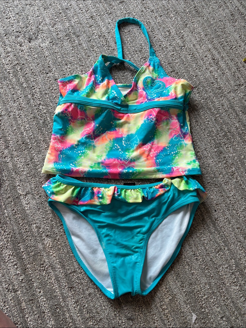Girls' Turquoise Multicolor Ruffle Tankini Swimsuit